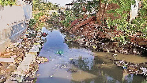 Drainage channel without side walls near Ratha Road in Old Town. (Photo | EPS)