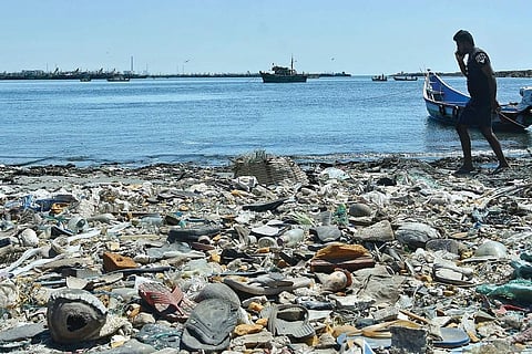 Plastic waste and discarded fishing nets lying near the Kasimedu fishing harbour | Ashwin Prasath