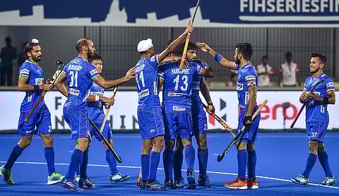 India's Harmanpreet Singh 13 being greeted by teammates after scoring a goal against South Africa | PTI
