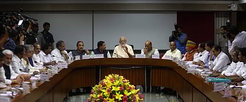 Prime minister Narendra Modi, Defence minister Rajnath singh, Senior Congress leader Gulam Nabi Azad, Anand Sharma and others during the All party meeting ahead of first Parliament session of the 17th Lok Sabha in New Delhi on Sunday. | (Shekhar Yadav | E