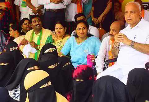 BJP State president B S Yeddyurappa at the Gandhi Statue on Race Course Road in Bengaluru during his day and night protest against the state govt. (Photo | Pandarinath B, EPS)