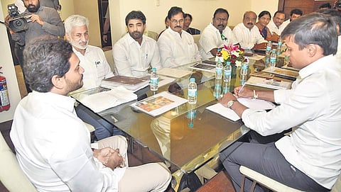 Chief Minister YS Jagan Mohan Reddy meets party MPs at AP Bhavan in New Delhi on Saturday. (Photo | EPS)