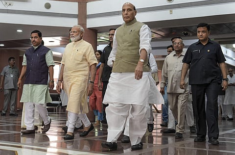Prime Minister Narendra Modi along with Defence Minister Rajnath Singh, Minister of Parliamentary Affairs Pralhad Joshi and others leave after attending an all-party meeting at PLB ahead of the 17th Lok Sabha session in New Delhi Sunday June 16 2019. | PT