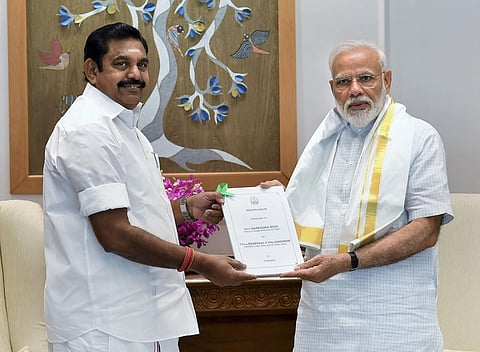 Prime Minister Narendra Modi with Chief Minister of Tamil Nadu Edappadi K. Palaniswami during a meeting New Delhi Saturday June 15 2019. (Photo | PTI)