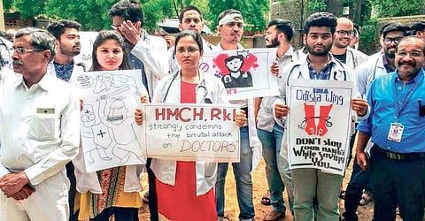 Doctors staging protest in Rourkela on Monday. (Photo | EPS)