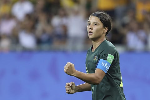 Australia's Sam Kerr celebrates after scoring her side's third goal during the Women's World Cup Group C soccer match between Jamaica and Australia. (Photo | AP)
