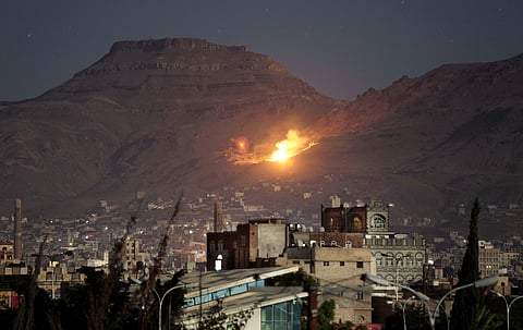 Fire and smoke rise after a Saudi-led airstrike hit a site believed to be one of the largest weapons depots on the outskirts of Yemen's capital, Sanaa. (File Photo | AP)