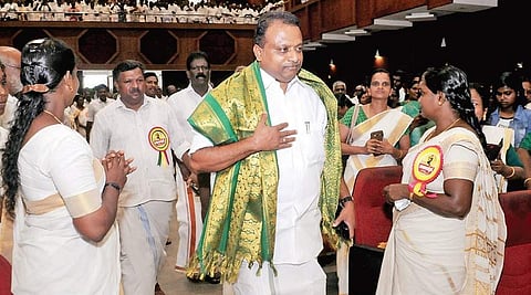Punnala Sreekumar, general secretary, Kerala Pulayar Maha Sabha arriving for the inauguration of ‘Navodhana Smriti,’ organised as part of the 79th Ayyankali commemoration day at Ernakulam Town Hall on Tuesday | A Sanesh