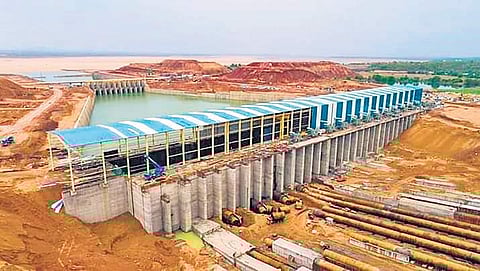 Officials are making necessary arrangements for the inauguration of Kaleswaram Lift Irrigation Project by Telangana Chief Minister K Chandrasekhar Rao. ( Photo | EPS)