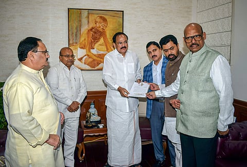 TDP Rajya Sabha MPs Y Sujana Chowdary, TG Venkatesh and CM Ramesh submit their resignation to Rajya Sabha Chairman M Venkaiah Naidu as they resign from the party in the presence of BJP Working President JP Nadda in New Delhi Thursday June 20 2019. | PTI