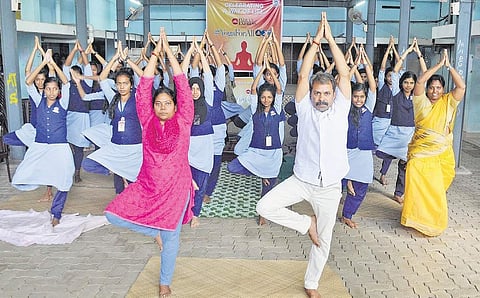 ‘Yoga for all’, an initiative by The New Indian Express being held at Ernakulam Government Girls Higher Secondary School in Kochi on Wednesday | A Sanesh