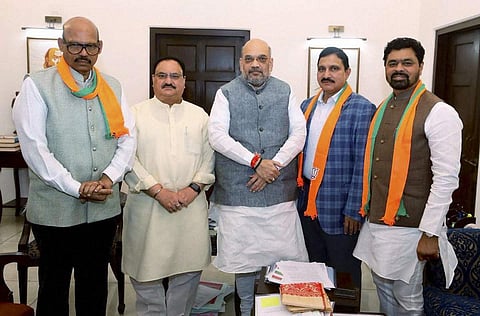 TDP Rajya Sabha MPs Y Sujana Chowdary TG Venkatesh and CM Ramesh meet BJP President Amit Shah after joining the party in the presence of BJP Working President JP Nadda in New Delhi Thursday June 20 2019. | PTI