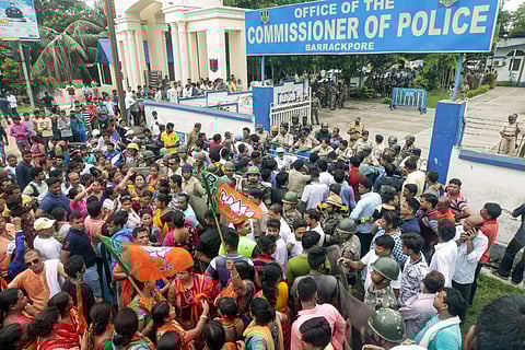 BJP activists agitate in front of the Barrackpore office Commissioner of Police in North 24 Pargana Friday June 21 2019. | PTI