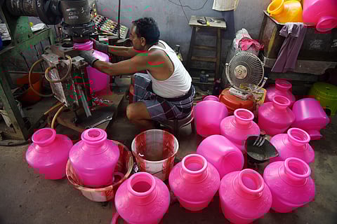 Traders in the Kondithope near Chennai known for its plastic industry say the spike in demand for plastic pots has resulted in an increase in prices. Pots that used to cost `50 now sell for more than Rs 100. (Photo| R Satish Babu, EPS)