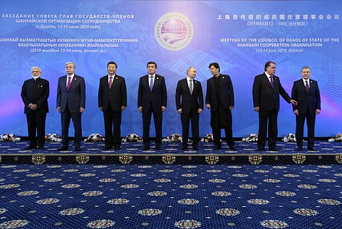 (From left) Indian Prime Minister Narendra Modi, Kazakh President Kassym-Jomart Tokayev, Chinese President Xi Jinping, Kyrgyz President Sooronbay Jeenbekov, Russian President Vladimir Putin, Pakistani Prime Minister Imran Khan, Tajik President Emomali Rah