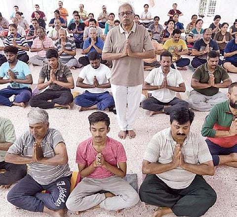 50-60 regular members join Shivakumar every morning for suryanamaskara Nagaraja Gadekal