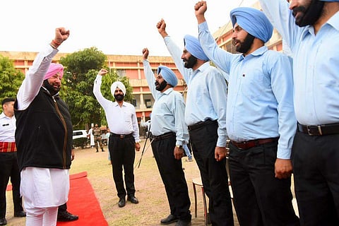 Punjab chief minister Capt Amarinder Singh with the battalion of the Sikh Regiment on Saturday evening. (Photo | EPS)