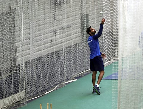Bhuvneshwar Kumar at the nets ahead of Windies clash (Photo | AP)