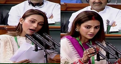 Actor-tuned-politicians Mimi Chakraborty and Nusrat Jahan. (Photo| PTI)