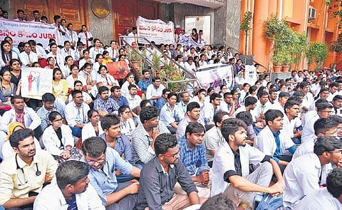 Junior doctors protesting at Gandhi Hospital. (Photo | EPS)