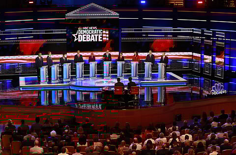 Democratic presidential candidates from left, New York City Mayor Bill de Blasio, Rep. Tim Ryan, D-Ohio, former Housing and Urban Development Secretary Julian Castro, Sen. Cory Booker, D-N.J., Sen. Elizabeth Warren, D-Mass., former Texas Rep. Beto O’Rourk