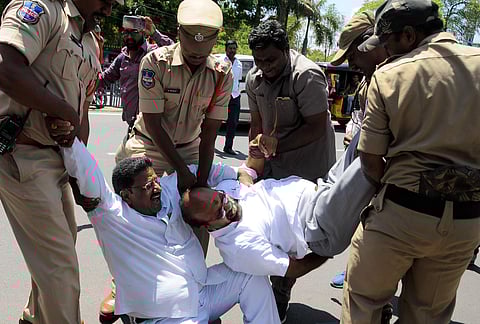 BJP party members was arrested by police near Telangana Secretariat against construction of new Secretariat by demolishing old one in Hyderabad. (Photo | S Senbagapandiyan, EPS)
