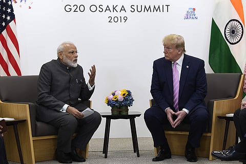 US President Donald Trump meets with Indian Prime Minister Narendra Modi during a meeting on the sidelines of the G-20 summit in Osaka, Japan, Friday, June 28, 2019. ( Photo | AP)