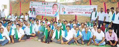 Farmers stage a protest in front of the Cauvery Neeravari Nigam office in Mandya on Thursday | EXPRESS