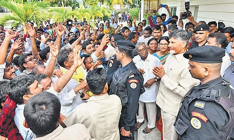 Farmers from Amaravati meet TDP national president N Chandrababu Naidu at his residence in Undavalli, near Vijayawada, on Friday. (Photo I EPS)