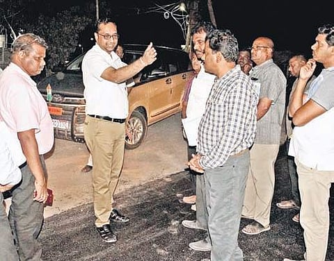 Municipal Commissioner Srikesh B Lathkar inspecting road renovation works in Guntur. (Photo | EPS)