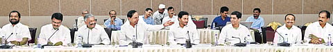 Telangana Chief Minister K Chandrasekhar Rao (fourth from left) and his Andhra Pradesh counterpart YS Jagan Mohan Reddy (fifth from left) during a meeting held at Pragathi Bhavan in Hyderabad. (Photo | EPS)