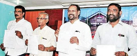 Uttarandhra Charcha Vedika convener Konathala Ramakrishna releasing a memorandum sent to Union Railway Minister Piyush Goyal at a press conference in Visakhapatnam on Monday | Express