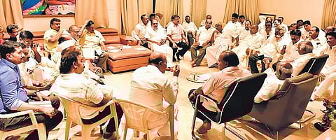 JDS legislators during the meeting at the Chief Minister’s residence in JP Nagar | express