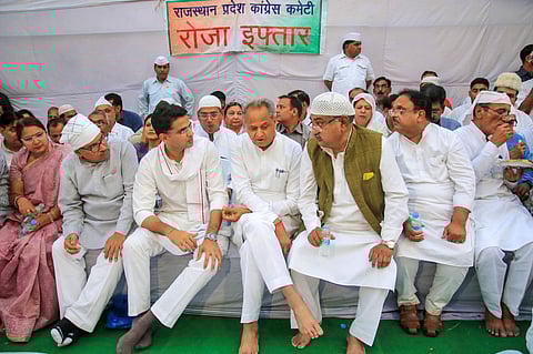 Rajasthan Chief Minister Ashok Gehlot with Rajasthan Pradesh Congress Committee president and Deputy Chief Minister Sachin Pilot during an Iftar party in Jaipur Tuesday June 4 2019. | PTI