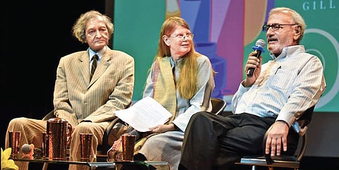 British author and translator Gillian Wright with Rupin Desai (left) and Harish Trivedi (right) discussing Shakespeare and Kaildasa at the British ouncil Library,
