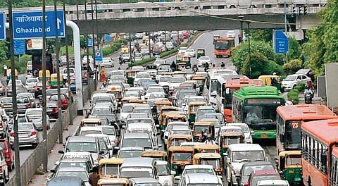 A view of vehicles on a road in Noida. A traffic drive has seen a large number of people being penalised as the authorities crack down on errant road users (File | EPS)