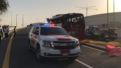 This image released by Dubai Police Headquarters shows the aftermath of a bus crash on Friday, June 7, 2019, in Dubai, United Arab Emirates. | AP