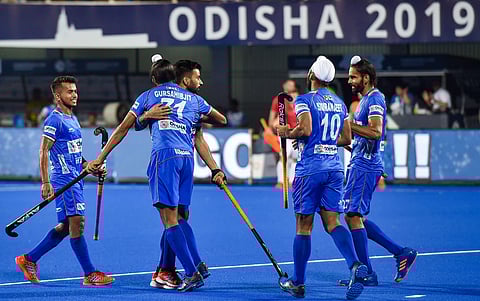 Indian hockey captain Manpreet Singh celebrates with his teammates after scoring a goal against Poland during FIH Men's Series Finals 2019 at Kalinga Stadium in Bhubaneswar. (Photo | PTI)