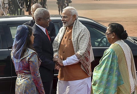 A file photo of Prime Minister Narendra Modi greeting Maldivian President Ibrahim Mohamed Solih as Maldivian First Lady Fazna Ahmed and her Indian counterpart Savita Kovind look on during a ceremonial reception at Rashtrapati Bhawan in New Delhi. (Photo |