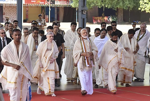 Prime Minister Narendra Modi accompanied by Kerala Governor P Sathasivam, State Devasom Minister Kadakampally Surendran along with other senior Bharatiya Janata Party (BJP) leaders, arrives to offer his prayers at Lord Krishna temple in Guruvayur of Thris