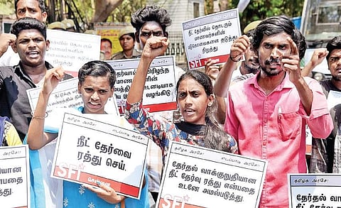 Students protest demanding the scrapping of NEET, in Chennai on Friday | R Satish Babu