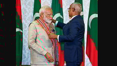 PM Modi receives Maldives highest honour from Maldives President Ibrahim Mohammad Solih at a ceremonial function held in Male on 8 June 2019. (Photo | PIB)