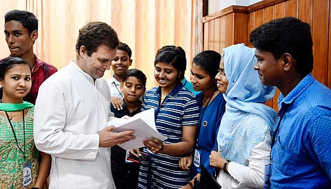 Congress President and newly elected MP of Wayanad constituency Rahul Gandhi accepting a proposal at Collectorate M P Facilitation Centre in Wayanad on Saturday. | Express Photo Services