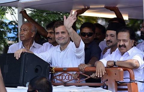 Congress President Rahul Gandhi greets his supporters during a roadshow at Eengappuzha in Kozhikode after winning the recent Lok Sabha elections from Wayanad constituency on June 9, 2019. (Photo | Manu R Mavelil, EPS)