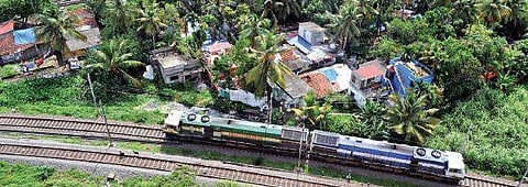 An aerial view of the 25 acres of land at Kammattipadam with railway tracks on three sides. (Photo | A Sanesh, EPS)