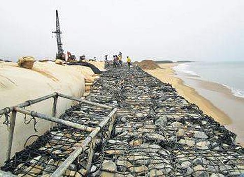 The geo-tube wall at Pentha village in Kendrapara district. ( Photo | EPS)