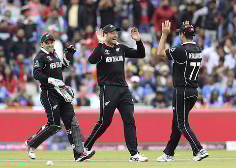 Martin Guptill celebrates the wicket of MS Dhoni. (Photo | AP)