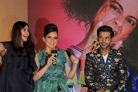 Bollywood actor Rajkummar Rao, actress Kangana Ranaut and film producer-director Ekta Kapoor attend the trailer launch of their upcoming Hindi film Judgemental Hai Kya in Mumbai on 7 July 2019. (Photo | PTI)
