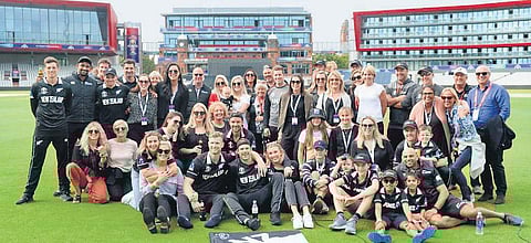 New Zealand players celebrate with family after the semifinal win over India | TWITTER