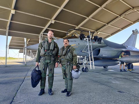 The VCAS Air Marshal RKS Bhadauria flew in #Rafale aircraft with Colonel Antoine Courty, CO RC 2/30 Squadron. (Photo | IAF Twitter)